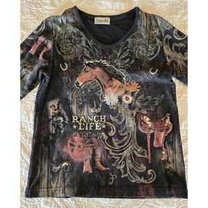 Cactus Bay Rhinestone Horse Shirt Women L Vintage Y2K Rodeo Western Ranch Life